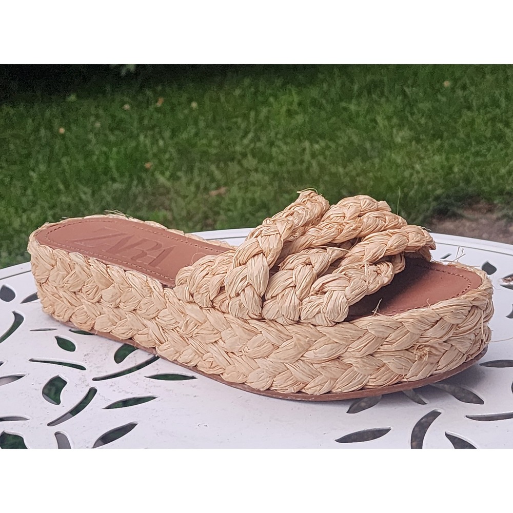 Zara Braided Jute Platform Sandals Tan Straw Woven Raffia Espadrille Slides 40